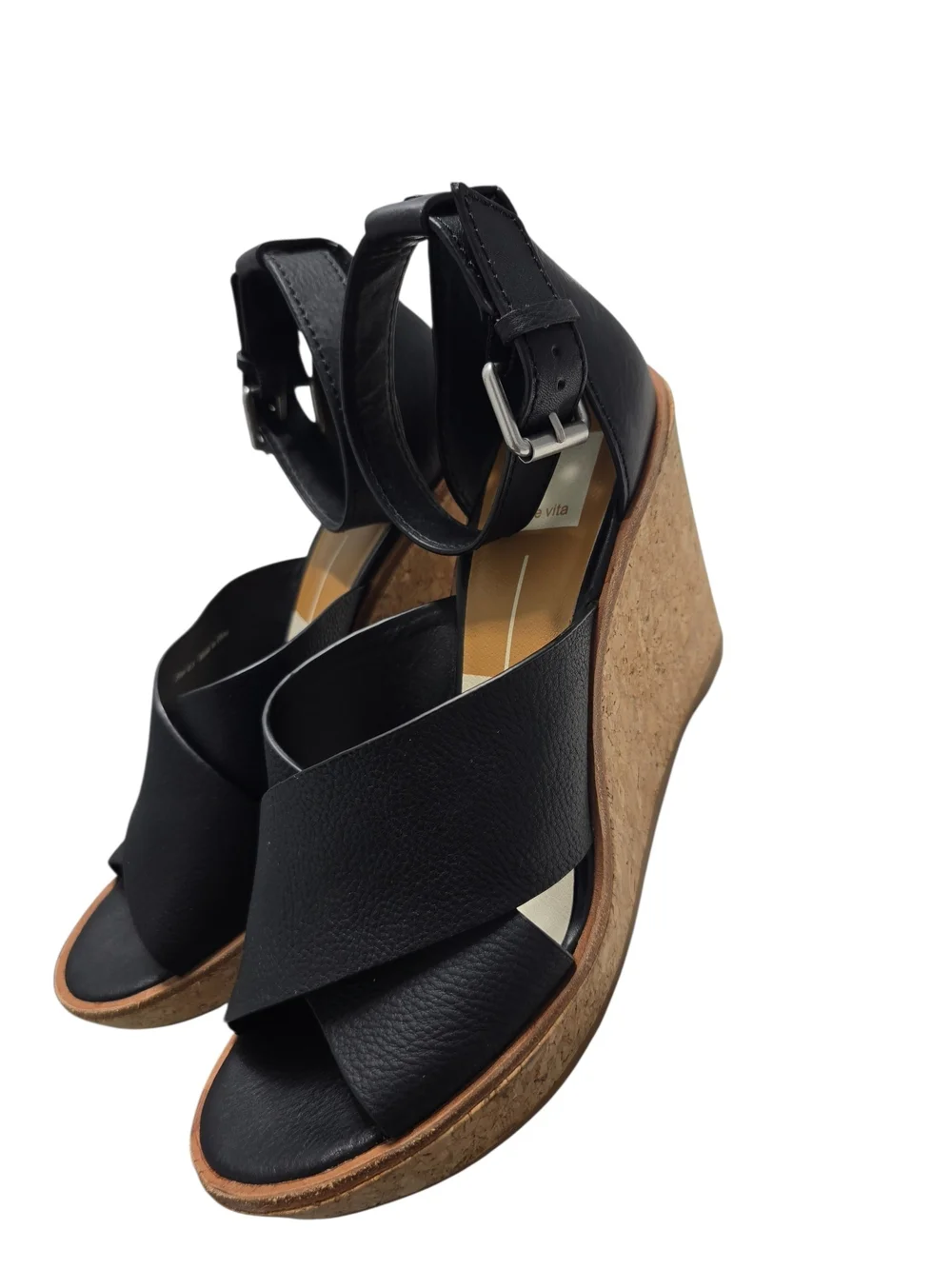 Dolce Vita Black Leather Ankle-Strap Cork Wedges Women's Urbane Sandal Size 8.5
